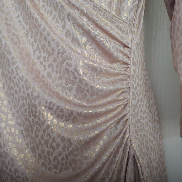 Chico's Travelers Stretch Metallic Liquid Gold Drapey Asymmetrical Faux Wrap Top - Picture 6 of 13